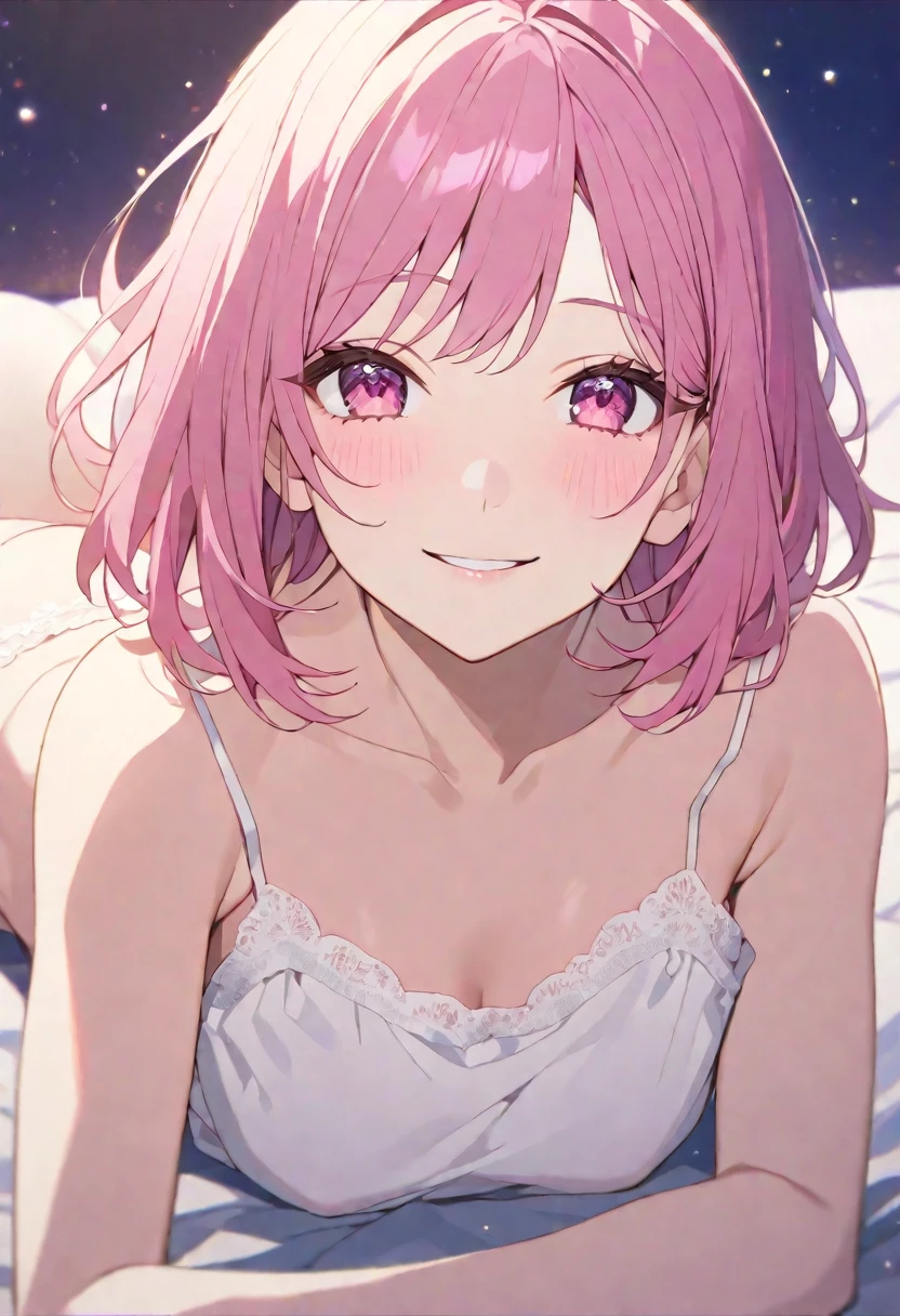 solo, good looking,1. woman,Bob Hair,Pink Hair,Pink eyes,Soft impression,camisole,Highest,skin,,smile,sexy,Sexy,tits,bed,lie down,Night Sky