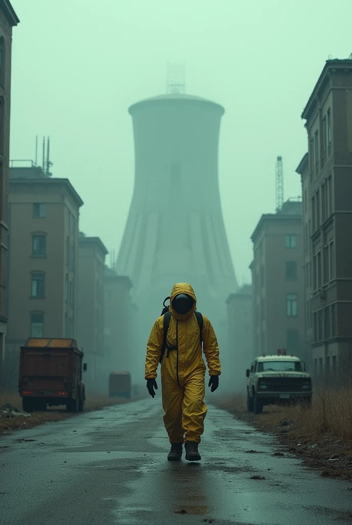 Photo of the city of CHERnobyl with the rector in the background and a man in a radiation suit walking