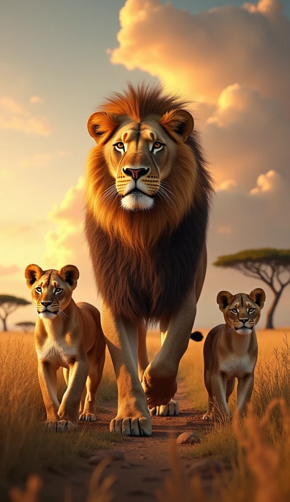 "Create a highly realistic image of a lion family on the African savanna. The scene should feature a majestic lion (the father), a lioness (the mother), and their playful cubs. The lions should be depicted with detailed fur textures, showing their strength and grace. The background should include a vast savanna with tall grasses, acacia trees, and a dramatic sky, highlighting the natural beauty of their habitat."