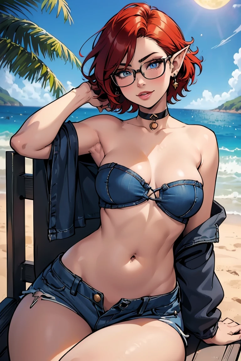 1girl, beautiful elf woman, ((Short Red Hair, Straight, has shine)) Blue eyes, double eyelids, light effect on eyes, detailed irises, beautiful curvy body, glasses, ((Blue Denim off the shoulder Sleeveless Strapless tight tee shirt covering chest, stomach exposed)), black choker, ((tiny blue denim mini shorts)), black high heels, ((Work of art, hyper-realistic, hyper detailed, Best Quality, 16k, light and shadow on skin, vivid colors)), ((lay on beach chair at the ocean at beach)), ((Hands behind head: 1.5, Hand resting on stomach: 1.5)) Lustful Expression, perfect lips, sexy mature face, lots of freckles all over body, full pouty lips, extreme blush, sensual smile, ((night time)), moonlit sky, Flirting with viewer, Flirty Lusty Smile, ((Large Breasts: 1.0)) ((Full View))
