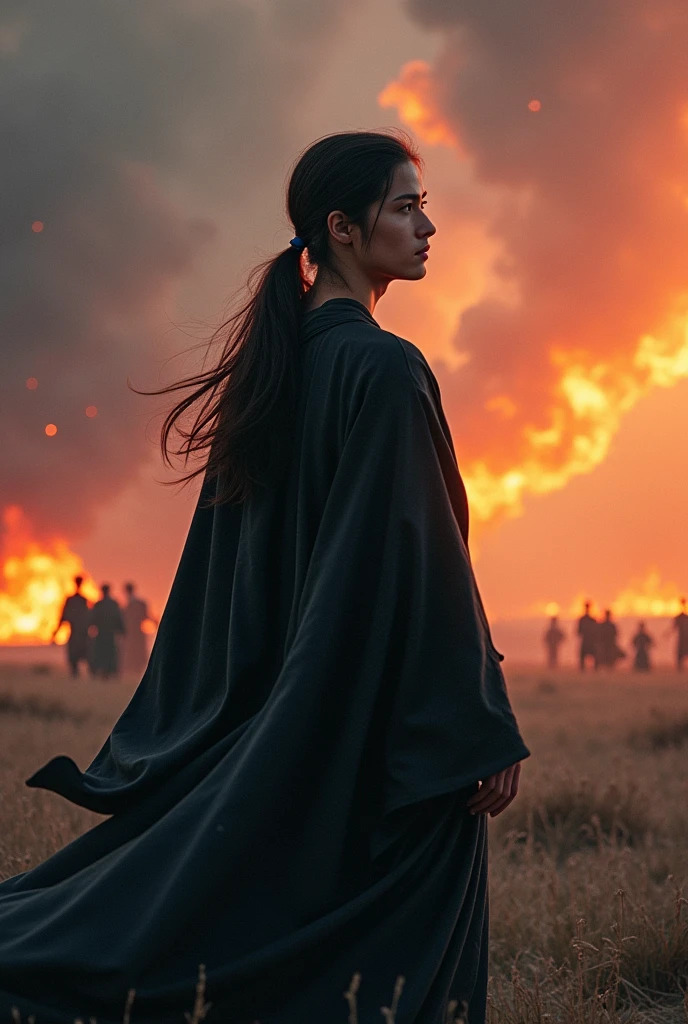 A young man with his back turned, with long hair tied in a ponytail and wearing black robes, He looks so relaxed despite the view in front of him, where you see a war of all kinds of races on earth and there are flames all over the place