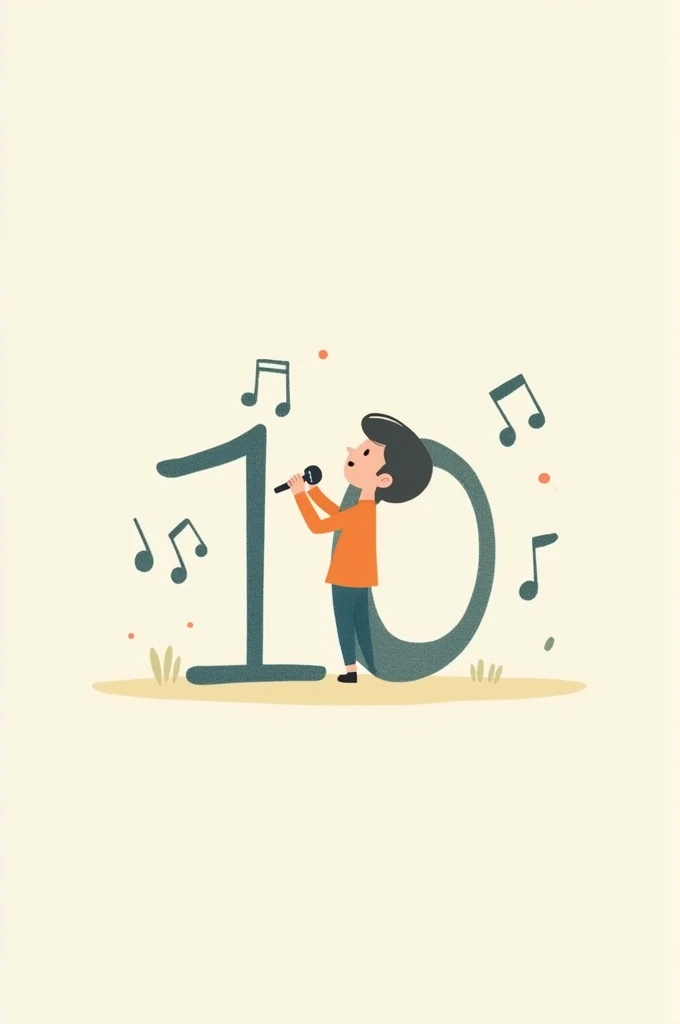 Simple minimalist illustration in light or pastel colors of a number 10 with a happy simple face making some music (tocando in writing, Singing, listening to music) If it&#39;s not the number doing it, it can be little s doing something musical, it will be used to post on Instagram the 10th anniversary of a music academy for chi 