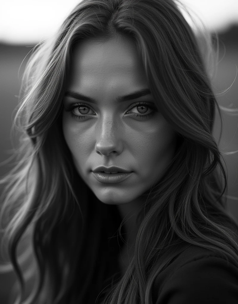 black and white art photography, photographer Annie Leibovitz, portrait of a slavic woman, long light brown hair, photorealistic,200mm, hd, f/ 2.0, highly detailed, f1.8, portrait, hyperrealistic, super detailed, sunset lighting, high dynamic range, Detailed background, Complex and detailed face, Long eyelashes, Detailed eyes, black eyeliner, (Solo: 1.3),