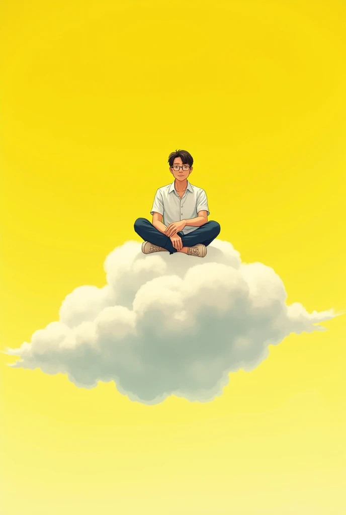 akirat2024, 1man sitting on nimbus cloud, yellow cloud, floating through sky, best quality, illustration, manga, glasses, white shirt,