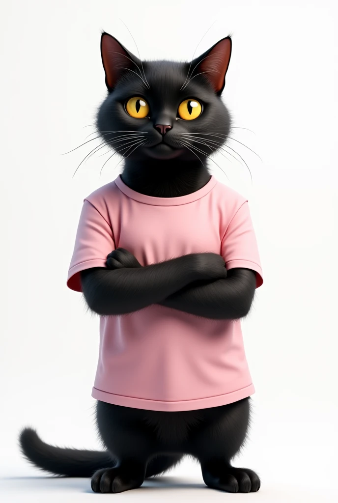 "A adult female black cat. Looking straight ahead wearing pink t-shirt. Background white. Looks human, crossing her arms.