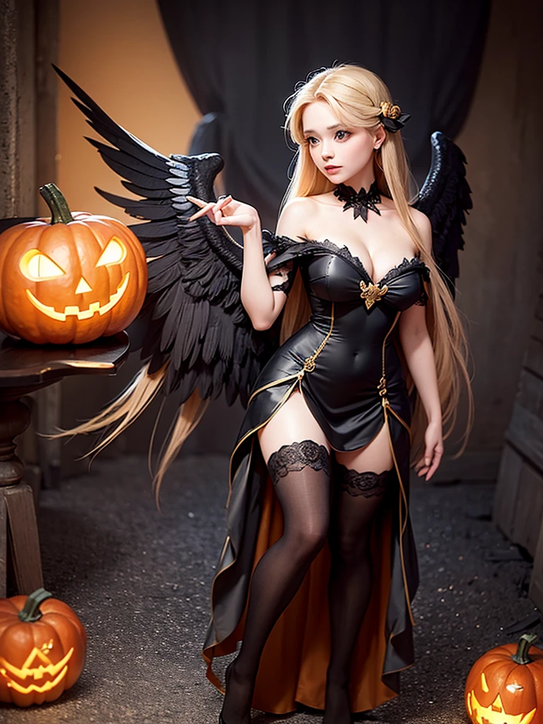 Rapunzel in black mini dress and wings on back full body extremely beautiful with a pumpkin at 12 o'clock at night in a Mexican village