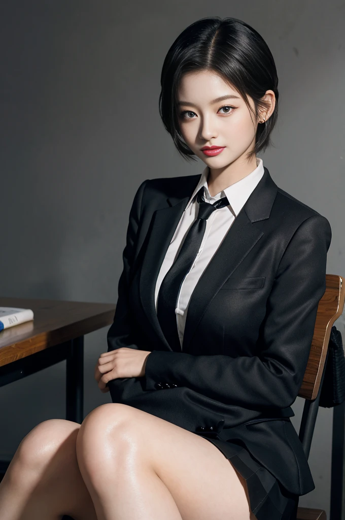 8K original photo, high resolution, 2 handsome Korean, big round breasts, , tie, tie ribbon, blazer, skirt, Beautiful eyes in detail, long eyelashes, Your double eyelids are pretty, eye shadow, Slit eye, Sanpaku eyes, dark eye makeup, evil smile, Your thin legs are pretty, Short hair pulled back, earring, school classroom