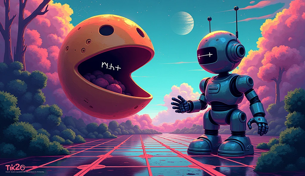 pixel background with robot, computer, ++ in pac-man’s mouth, javascript, python, html and text TiK26 with T and K capitalize