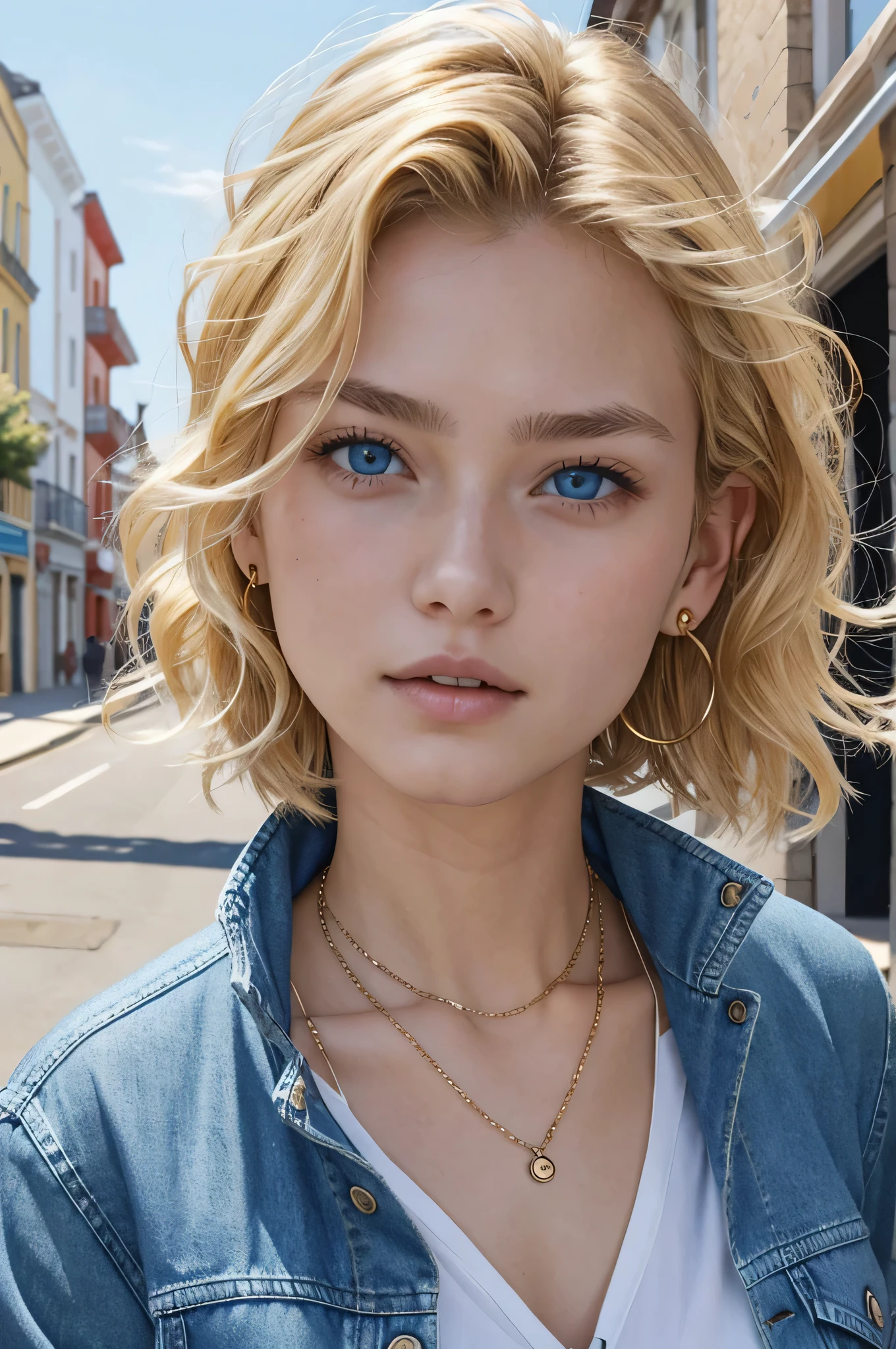 Blonde Caucasian Woman、, Wavy Hair、Short Haircut、, blue eyes,、Open your mouth a little、Denim jacket、shirt、Ear piercing、necklace、、The background is a town street
