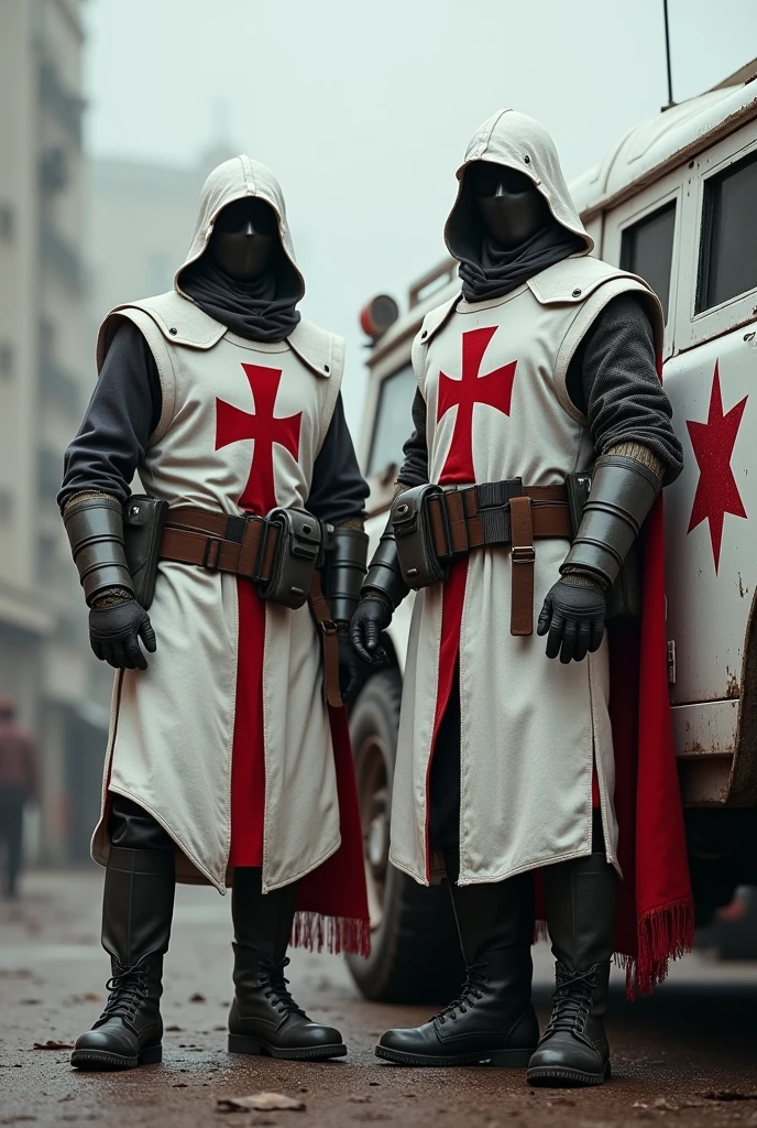 2 modern soldiers , with white bulletproof vest with a red Templar cross painting, with templar hood , military boot in a civil conflict white military car with a red Templar star