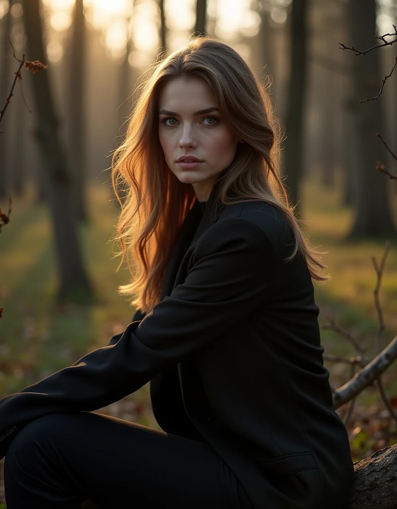 long light brown hair, beautiful Slavic woman with white skin and light transparent eyes, long hair, dressed in a black stylish suit, sits in a spruce forest on felled trees, early morning, the courtyard of a rural house, the sun's rays and glare fall on her coldly smiling face., enhancing the depth and mystery. Captured in a studio with a Nikon Z7 and a 50mm f/1.8 lens, the image focuses on the interplay of light and shadow with a melancholic and dreamy atmosphere., (((dynamic model pose))), full body, mesmerizing, dynamic, dramatic, dynamic pose, highly detailed skin with hair, subcutaneous veins, light and shadow play, highly detailed,24mm photograph, bokeh, professional, 4k,