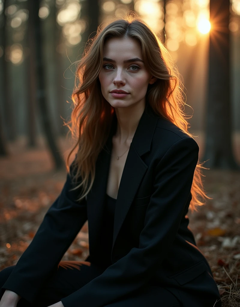 long light brown hair, beautiful Slavic woman with white skin and light transparent eyes, long hair, dressed in a black stylish suit, sits in a spruce forest on felled trees, early morning, the courtyard of a rural house, the sun's rays and glare fall on her coldly smiling face., enhancing the depth and mystery. Captured in a studio with a Nikon Z7 and a 50mm f/1.8 lens, the image focuses on the interplay of light and shadow with a melancholic and dreamy atmosphere., (((dynamic model pose))), full body, mesmerizing, dynamic, dramatic, dynamic pose, highly detailed skin with hair, subcutaneous veins, light and shadow play, highly detailed,24mm photograph, bokeh, professional, 4k,