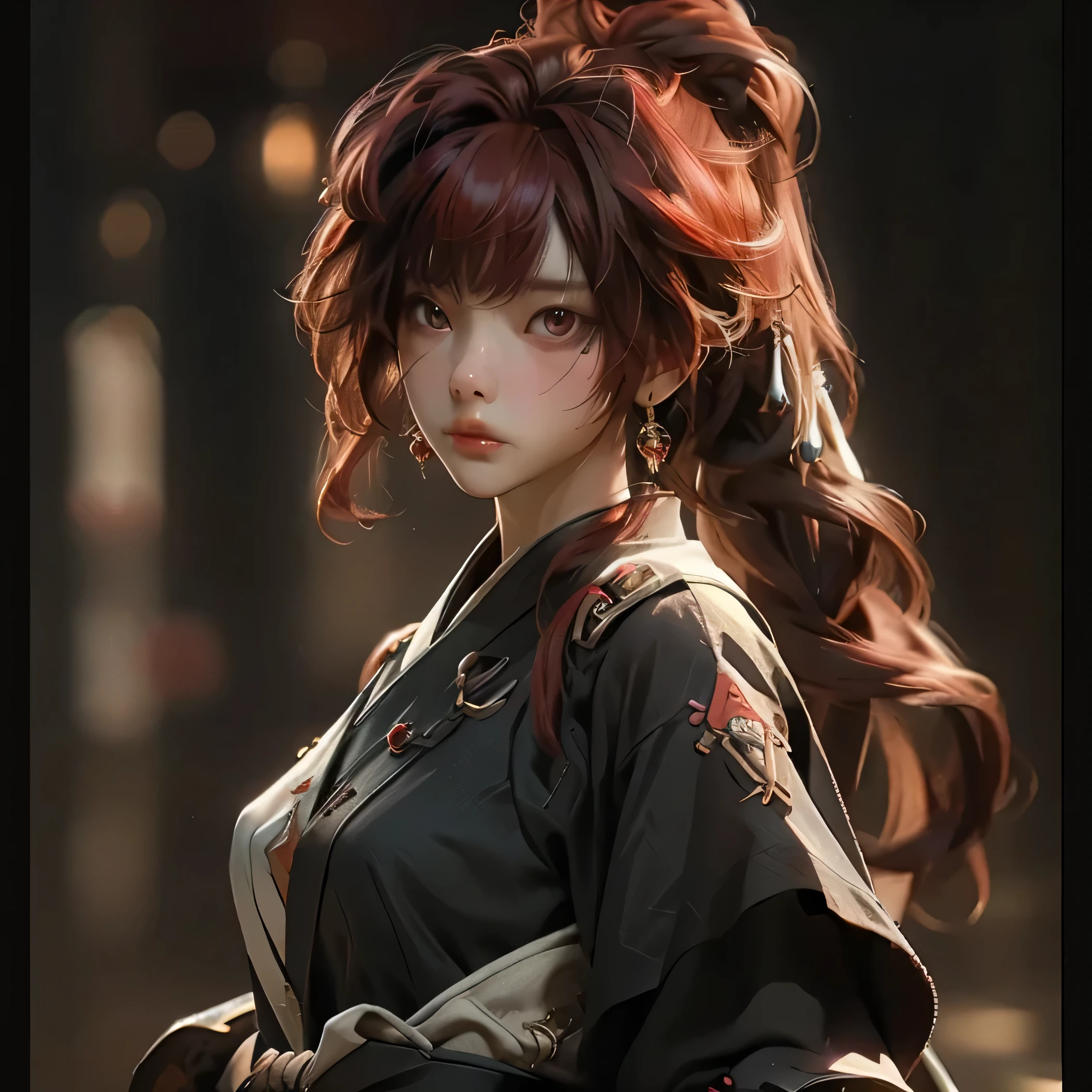 (best quality)), ((Masterpiece)), (details:1.4), 3d, HDR (high dynamic range), an image of a beautiful cyberpunk female, Red hair, Curtain Bangs, Red eyes, hips up, จมูกโด่ง, ปากแดง, หน้าอกใหญ่, nvidia RTX, PBR surface, After processing, Anisotropic filtration,depth of field, Maximum clarity and clarity, multi-layered surface, Subsurface scattering, perfect proportions, 8K raw files, ultra detailed, Perfect proportions, volumetric lighting, soft lighting, Holy Paladin, Heavy Red Armor, glossy skin, intricate grey background, strong back lighting, jewely, ต่างหู, นิ้วมือสมบูรณ์, กระโปรงสั้น