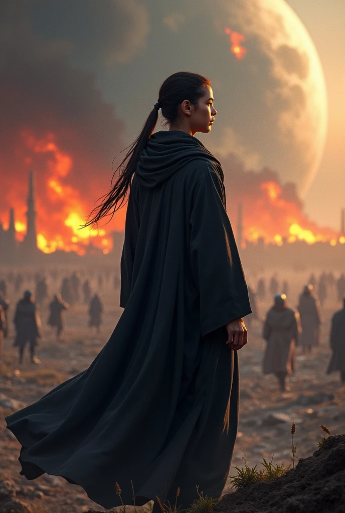 A young man with his back turned, with long hair tied in a ponytail and wearing black robes, He looks so relaxed despite the view in front of him, where you see a war of all kinds of races on earth and there are flames all over the place 