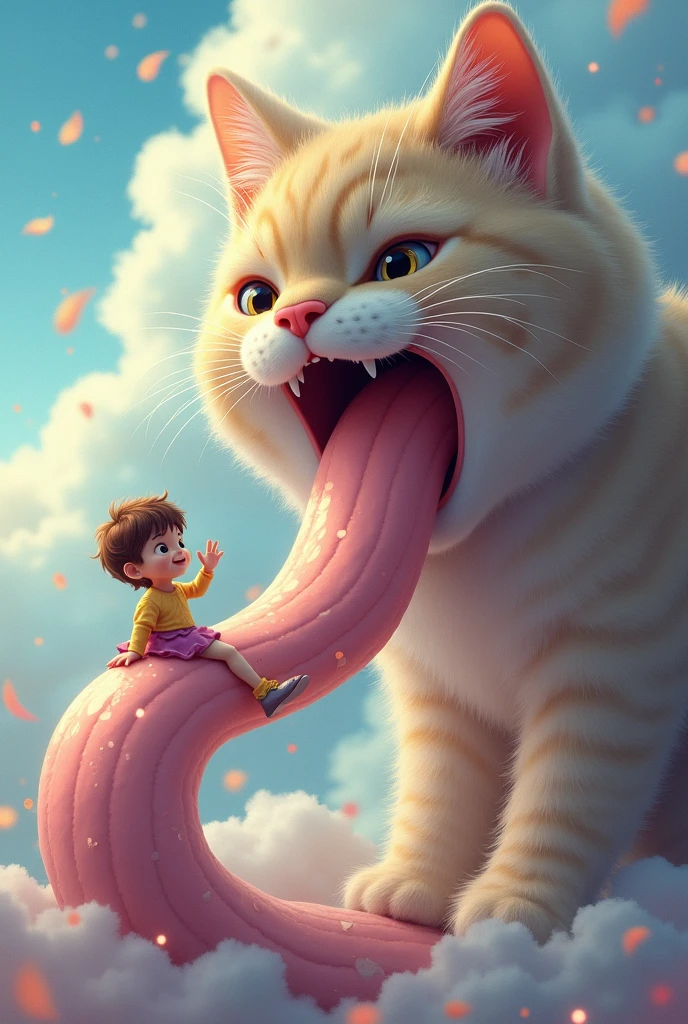 A cat giving a kid a ride on the top of his tongue