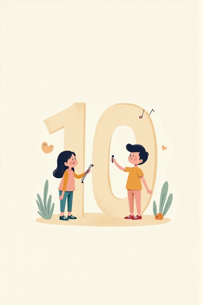 Simple minimalist illustration in light or pastel colors of a number 10 with a happy simple face making some music (tocando in writing, Singing, listening to music) If it&#39;s not the number doing it, it can be little kids doing something musical, it will be used to post on Instagram the 10th anniversary of a music academy for children 