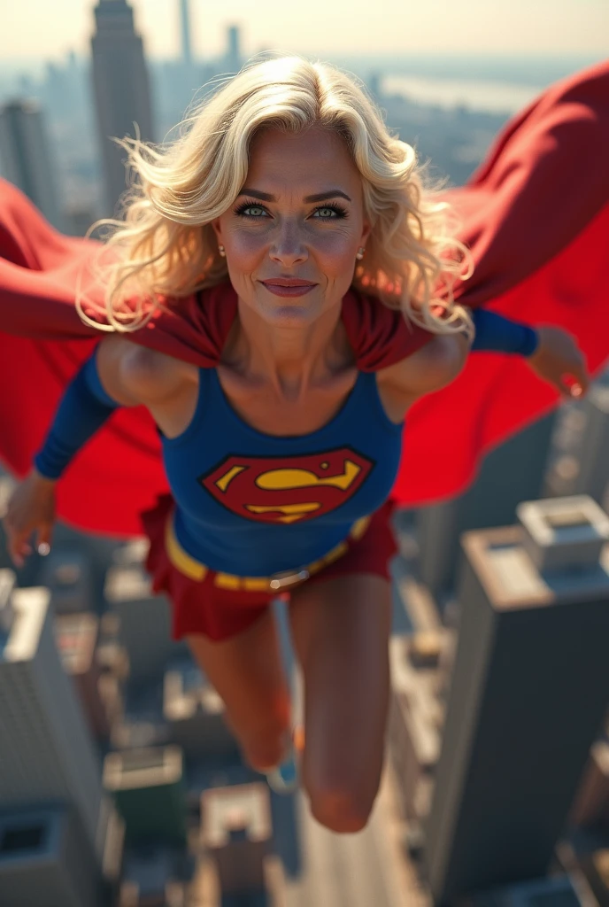 Kristy Hawkins is an Elderly Supergirl, buff bodybuilder, low boots, tank top, short skirt, flowing cape, up up and above metropolis, thick volumetric hair, perfect fingers, perfect eyes, perfect teeth, perfect nose, sensuous expression