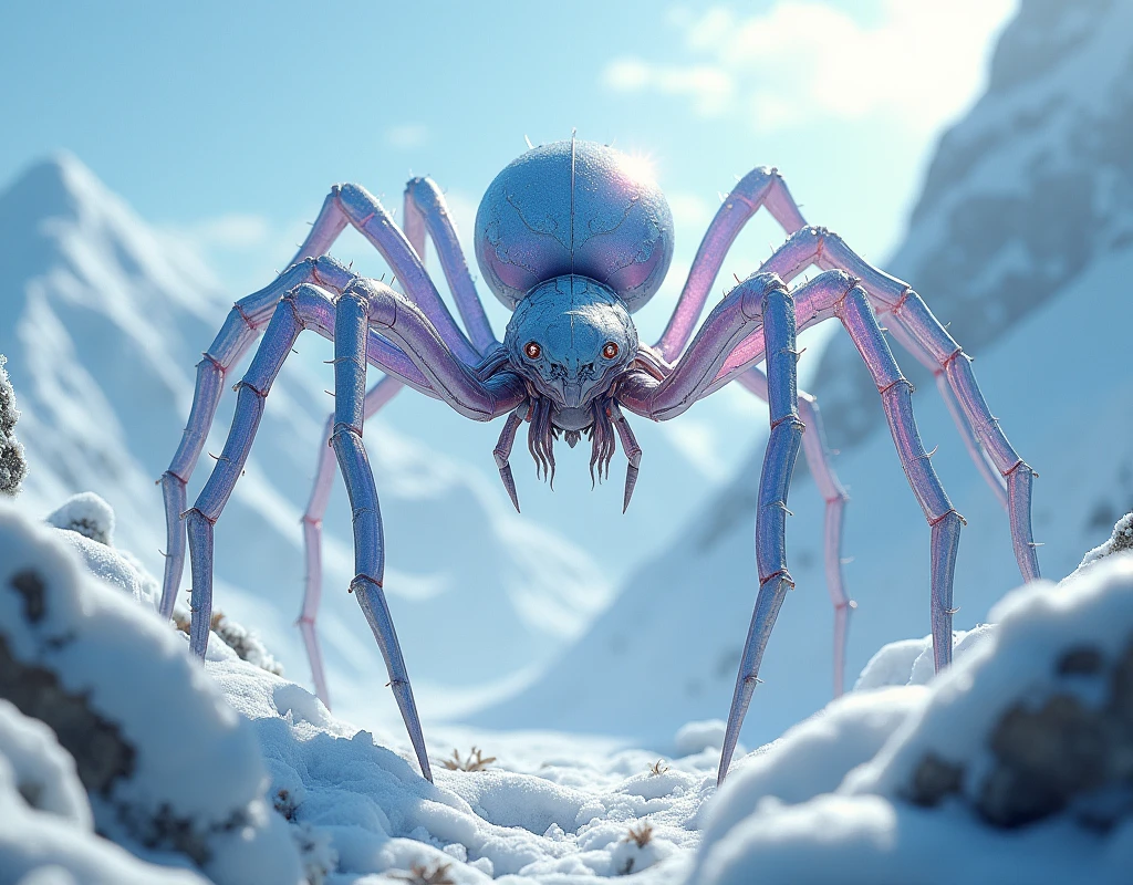 Give us an AI image of a beautiful spider girl. Want and wow cedar girl is coming flying from the ice mountain