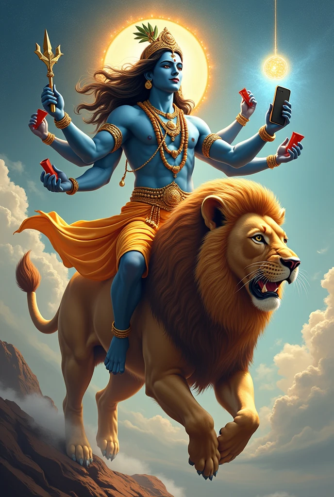 Lord kisna holding I phone with six hand and flying on lion 