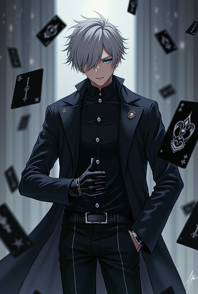 create a male anime character with appearance and clothes like that of gojou satori from jujutsu kaizen uses in which his main weapon is the use of cards like tulbacaim from hellsing - the hair should not be too long, his outfit should be minimalist and more casual he wears an overcoat - the cards should be black with silver details. The outfit should follow the pattern of the anime Jujutsu Kaizen and give the impression of a villain., the cards must surround him