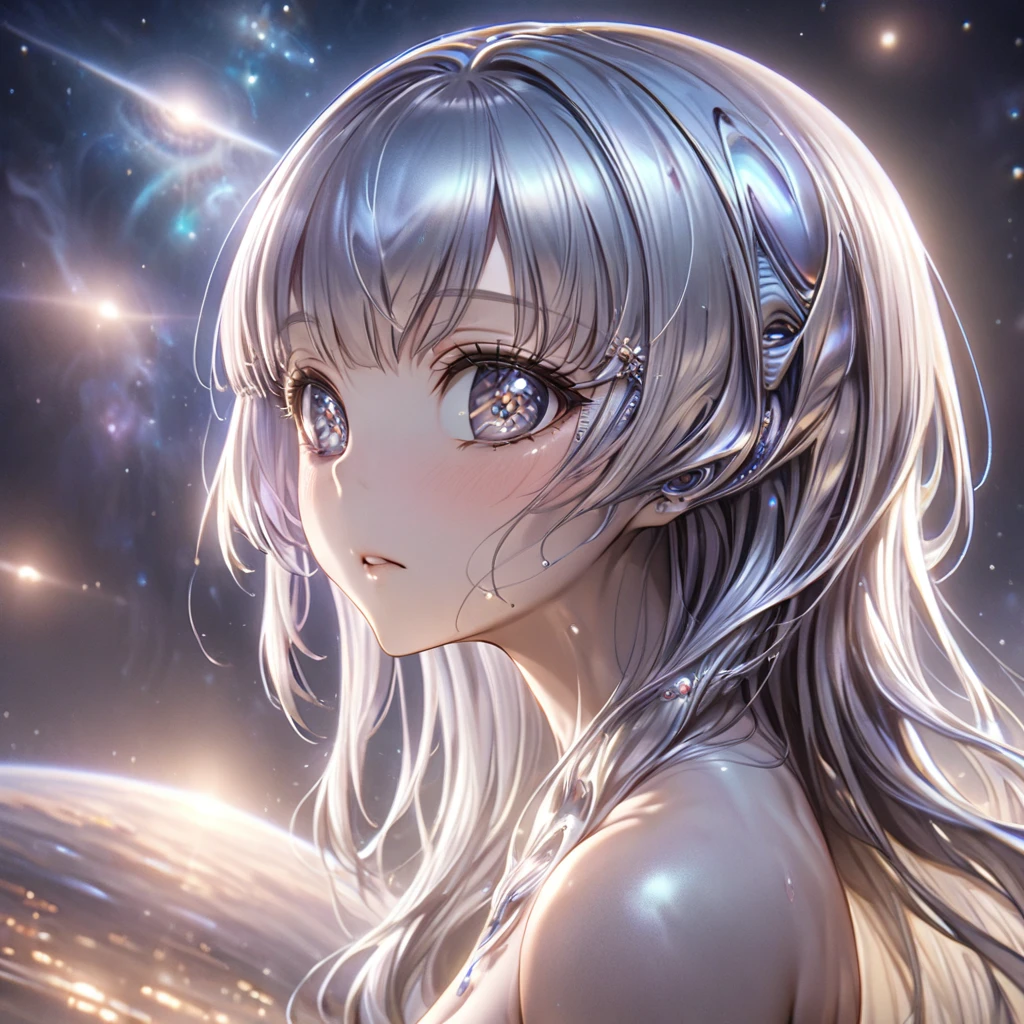 ((Highest quality)), ((masterpiece)), (detailed), (Perfect Face)、The woman is an alien, Little Grey, Reika Aoki, with semi-long hair, naked and silvery skin.