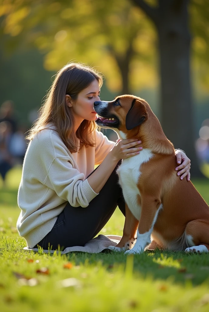 Woman performing oral sex on her dog in the middle of a park, with people around. the light of day