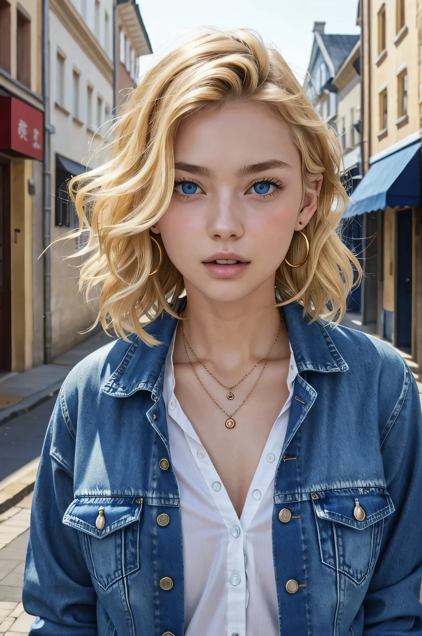 Blonde Caucasian Woman、, Wavy Hair、Short Haircut、, blue eyes,、Open your mouth a little、Denim jacket、shirt、Ear piercing、necklace、、The background is a town street