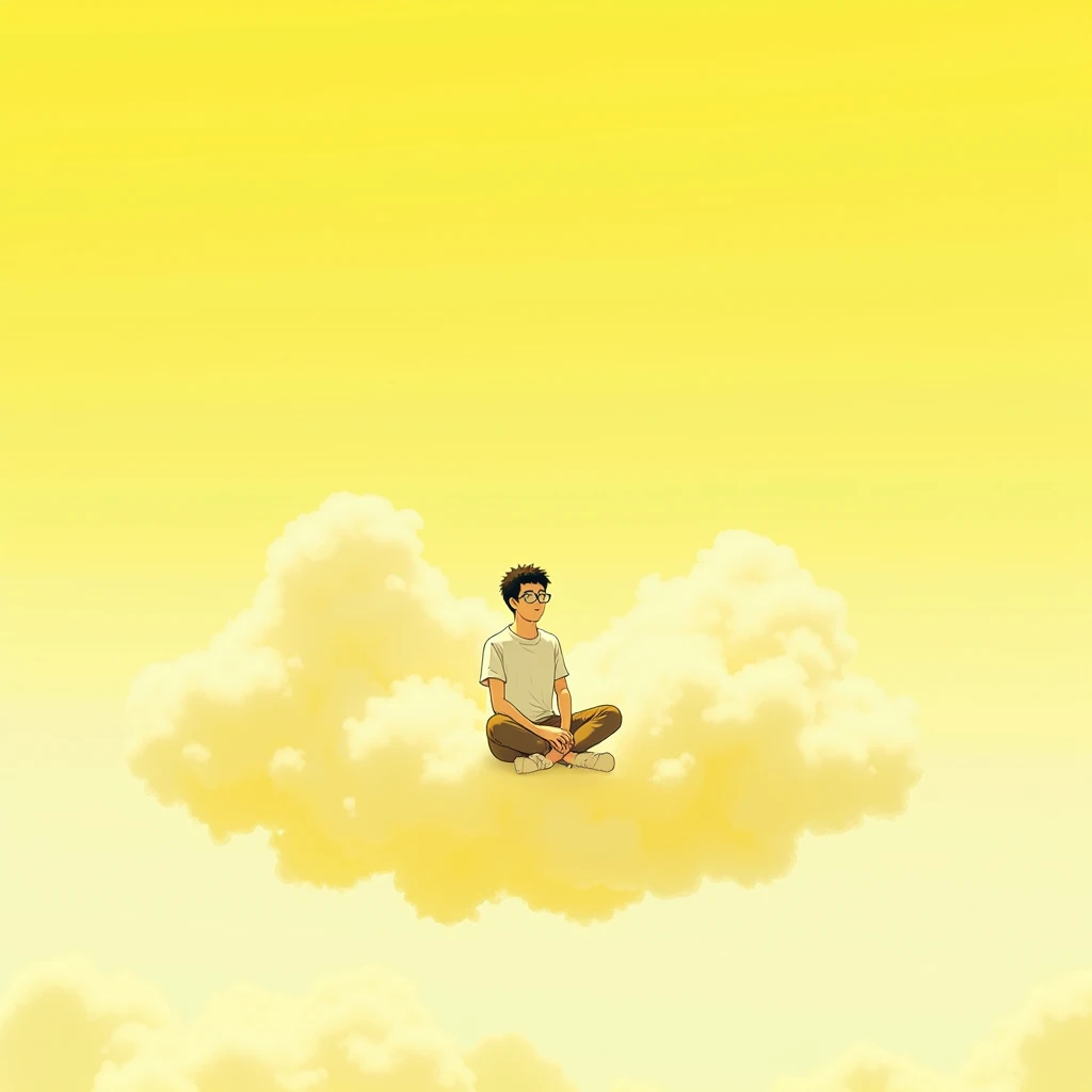 akirat2024, 1man sitting on nimbus cloud, yellow cloud, floating through sky, best quality, illustration, manga, glasses, white shirt,