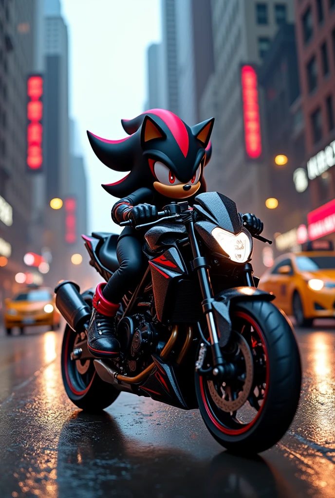 Create an image of Shadow the Hedgehog on a black Yamaha Hello Kitty motorcycle with red details on the streets of New York 
