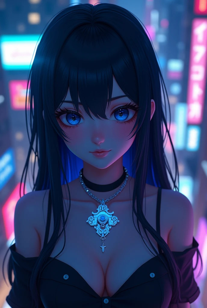 Generate an image of Aerial photography, Fluorescent light, Night view, Aerial photography, Fashion photography, Dreamy effect. with a necklace "BLUEM".In the style of mafia look girl, long navy blue hair make the necklace big and readable make it 3d realistic anime girl