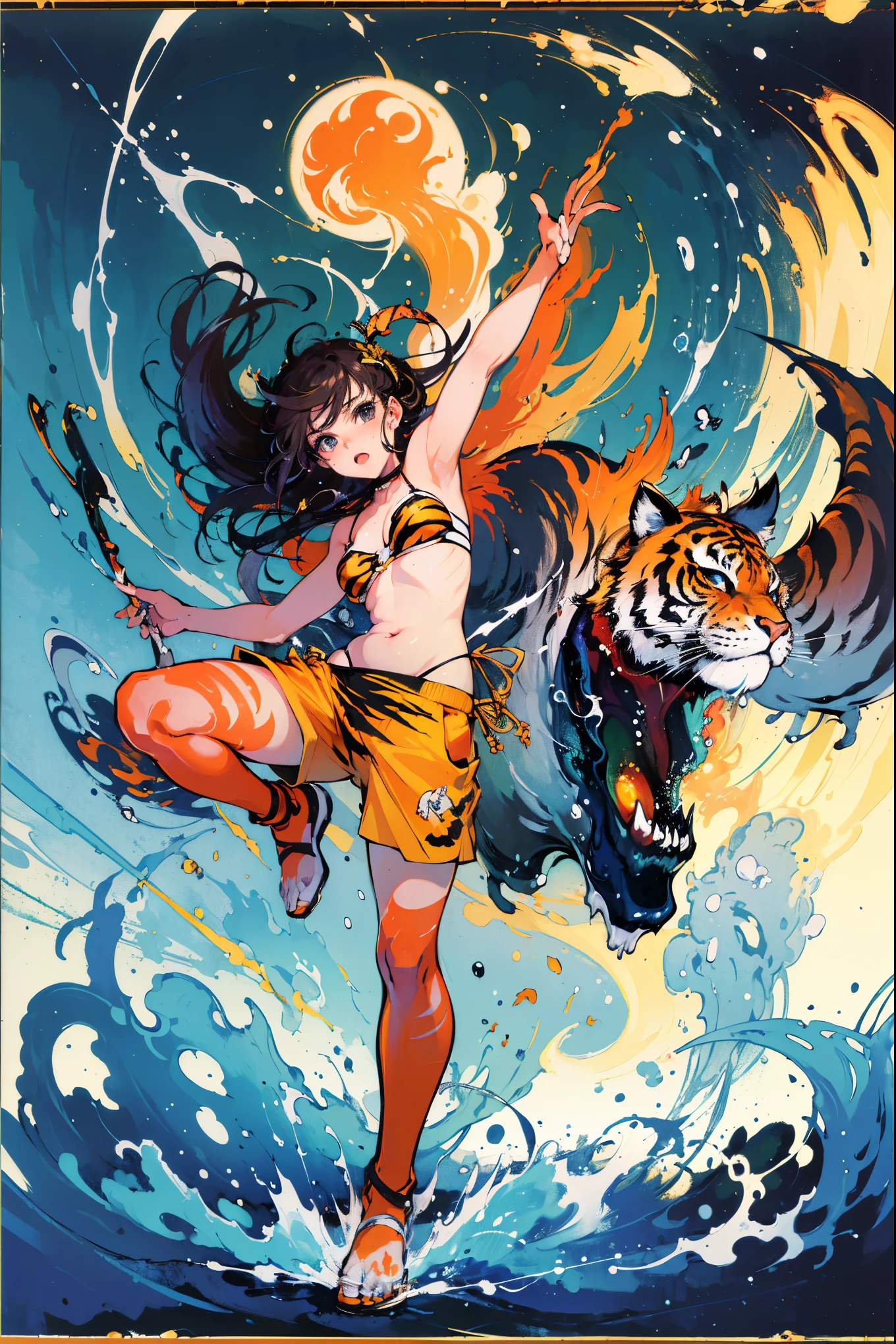 (​masterpiece, top-quality, Official art:1.2)Look at viewericro bikini, tiger and girl, Tiger painting}A flash of light runs, Colorful water levitation(2D:1.5),