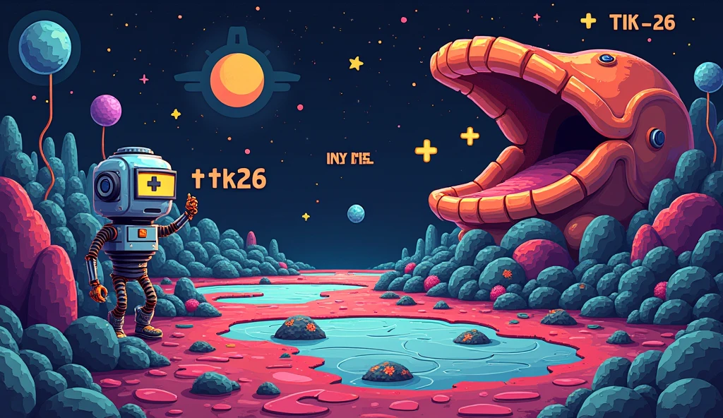 pixel background with robot, computer, ++ in pac-man’s mouth, javascript, python, html and text TiK26 with T and K capitalize