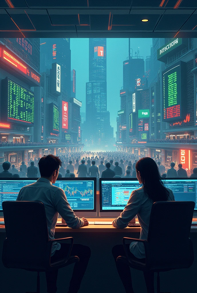 Create an image of a dynamic stock market scene with fluctuating graphs on digital screens. Include candlestick charts, stock tickers with green and red arrows, and a city skyline in the background. The mood should be energetic, capturing the fast-paced nature of trading.