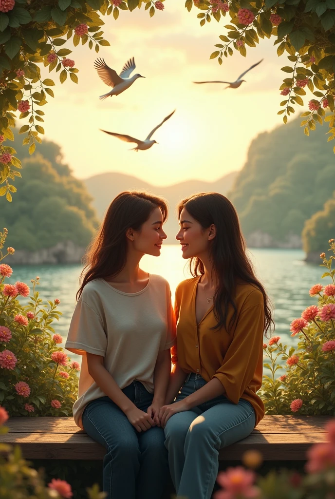 Rebecca Patricia Armstrong and Freen Sarocha sitting on a bench and staring at each other full of love with beautiful scenery in the background and birds flying.