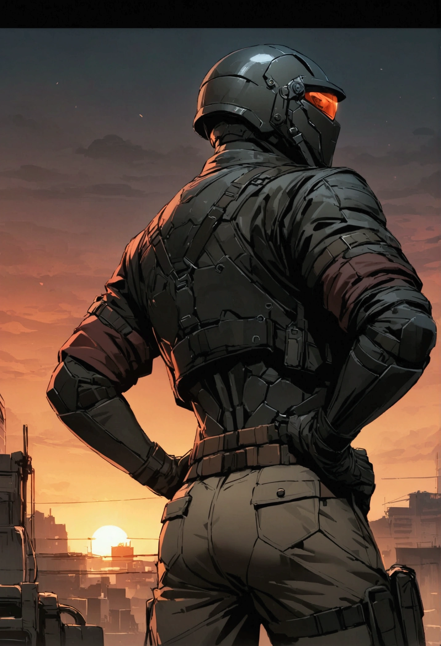 high detailed, Male, full-face helmet. matte black helmet with a smooth, curved surface, plain helmet, grey bodysuit tight shirt. webbing rig, Dark brown cargo pants. Sunset background, V shaped lenses. Black Jacket, Black and red jacket, Open jacket. Halfbody view, Hands on hips, two white eyes, mercenary, black jacket, cyberpunk