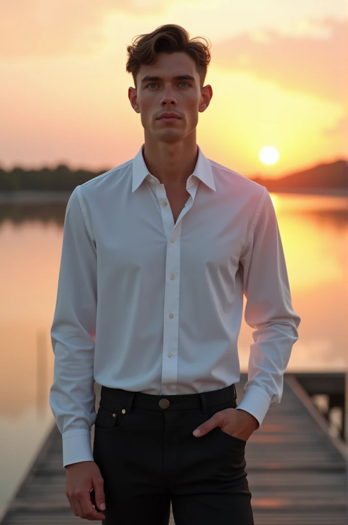 makes image of a white man, at 3, model type, with short dark hair, with clear eyes, wearing a full white shirt and black pants, on top of a pier on a lake in Alentejo, at sunrise.
