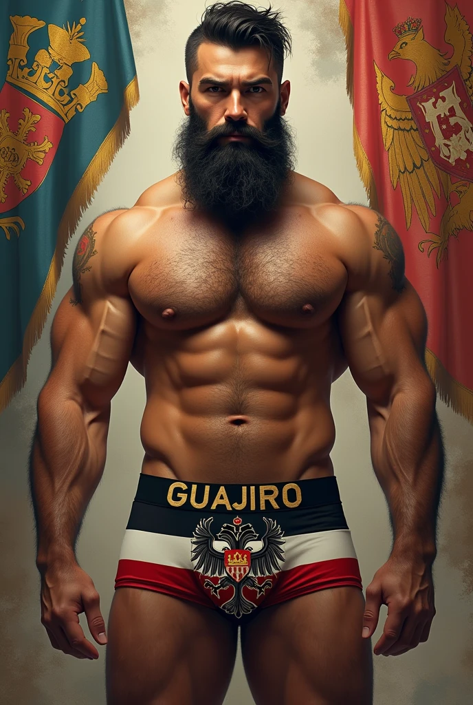 Strong, hairy, bearded mixed race man wearing underwear emblazoned with a black and white flag with a double-headed eagle and a crown, holy roman empire, prussia, Austria, austro - hungarian, of the Duchy of Lithuania, imperial russia, [ digitl art, German, Biedermeier, Napoleonic, vienna secesion style, Ottoman Empire, Germany, Royal insignia in the background, imperial military. Written in capital letters “GUAJIRO” in large letters on the elastic of the underwear.