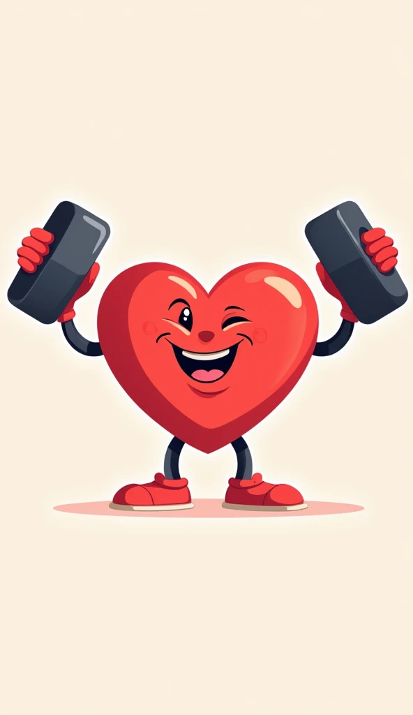A heart icon lifting tiny dumbbells, smiling with effort, representing heart health humorously.
