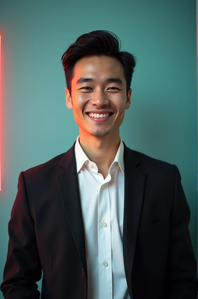 A young man with dark hair and a confident smile. He is dressed in a black blazer over a white shirt.The man is positioned Against Aqua colour backdrop with a subtle red lighting on the left side. And he posting for LinkedIn profile