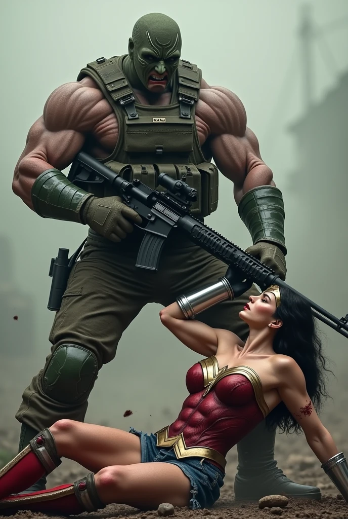 Muscular army man,holding a AWM sniper gun,angry face,mask on ,with the name Mr-BDK on chest  batch,wearing army grass costume. green, black,white painting on his face. Standing over a beautiful Wonder Woman in blue eyes, black hair wearing Wonder Woman's tiara, red and gold bustier, ((silver wrist bracelets:1.2)), ((Red knee high boots:1.2)), golden belt with athletic and muscular body with big breasts laying on the ground unconscious covered in blood with tattered costumes. (perfect anatomy), (masterpiece:1.2), (best quality:1.2), intricate details, Muted Tone, Delicate, Detail, sharp focus, perfect hands, perfect face, perfect eyes, perfect light, dynamic light, natural light. In the battle ground.