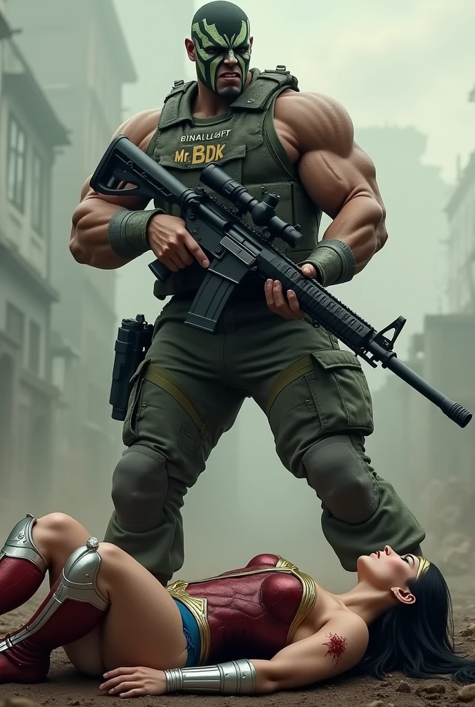 Muscular army man,holding a AWM sniper gun,angry face,mask on ,with the name Mr-BDK on chest batch,wearing army grass costume. green, black,white painting on his face. Standing over a beautiful Wonder Woman in blue eyes, black hair wearing Wonder Woman's tiara, red and gold bustier, ((silver wrist bracelets:1.2)), ((Red knee high boots:1.2)), golden belt with athletic and muscular body with big breasts laying on the ground unconscious covered in blood with tattered costumes. (perfect anatomy), (masterpiece:1.2), (best quality:1.2), intricate details, Muted Tone, Delicate, Detail, sharp focus, perfect hands, perfect face, perfect eyes, perfect light, dynamic light, natural light. In the battle ground.