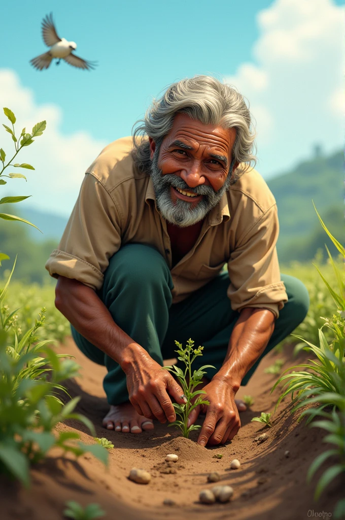 Ramu planting new seeds in his small field, with a hopeful expression on his face.