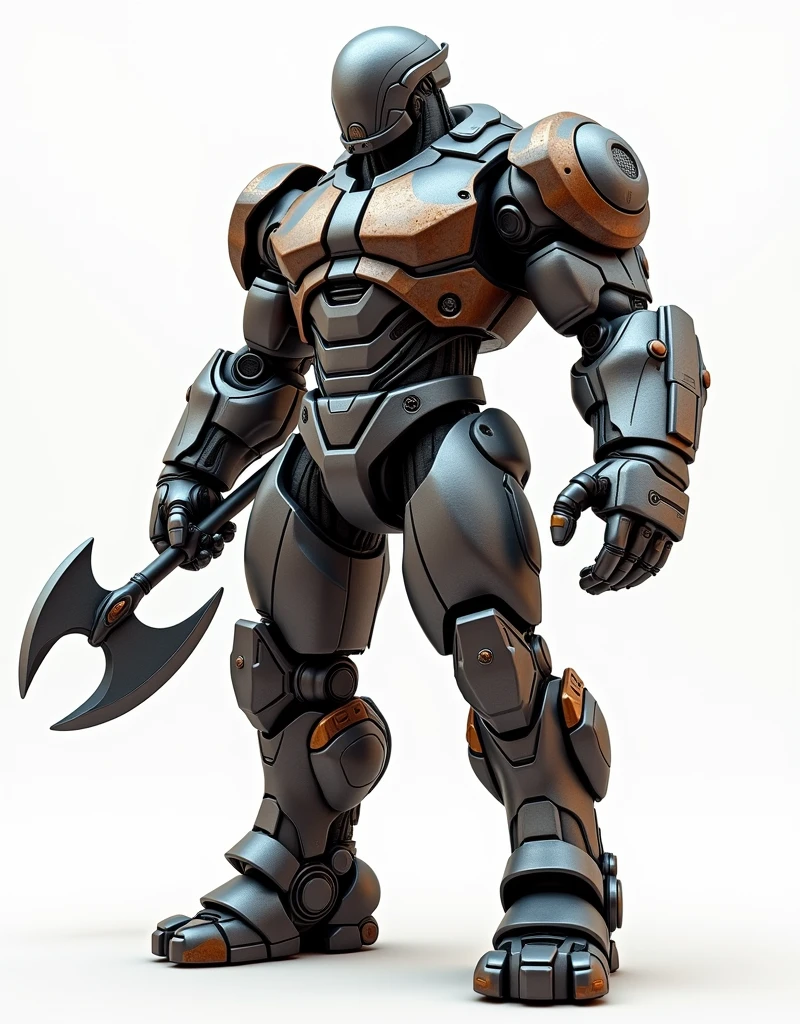 Generate a concept in AI,AI,Half Body,Mecha like Marvel's Hulk full color shine graphite and rust armor, cyberpunk hi tech helmet, Technology,Surreal, laser axe in right hand, and transparent laser shield in left hand, white background