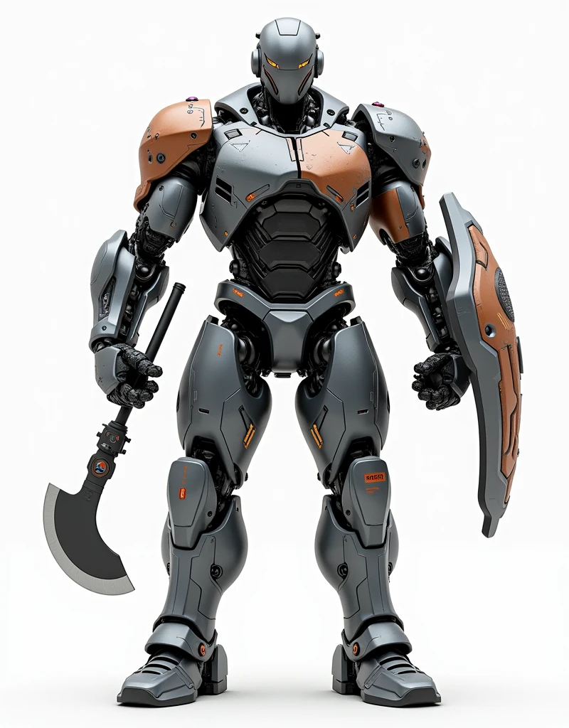 Generate a concept in AI，AI，Half Body，Mecha like Marvel's Hulk full color shine graphite and rust armor, cyberpunk hi tech helmet, Technology，Surreal, laser axe in right hand, and transparent laser shield in left hand, white background