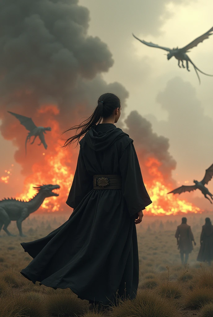 A young man with his back turned, with long hair tied in a ponytail and wearing black robes, He looks so relaxed despite the view in front of him, where you see a dragon war, Giants and elves on the ground and there are flames all over the place 