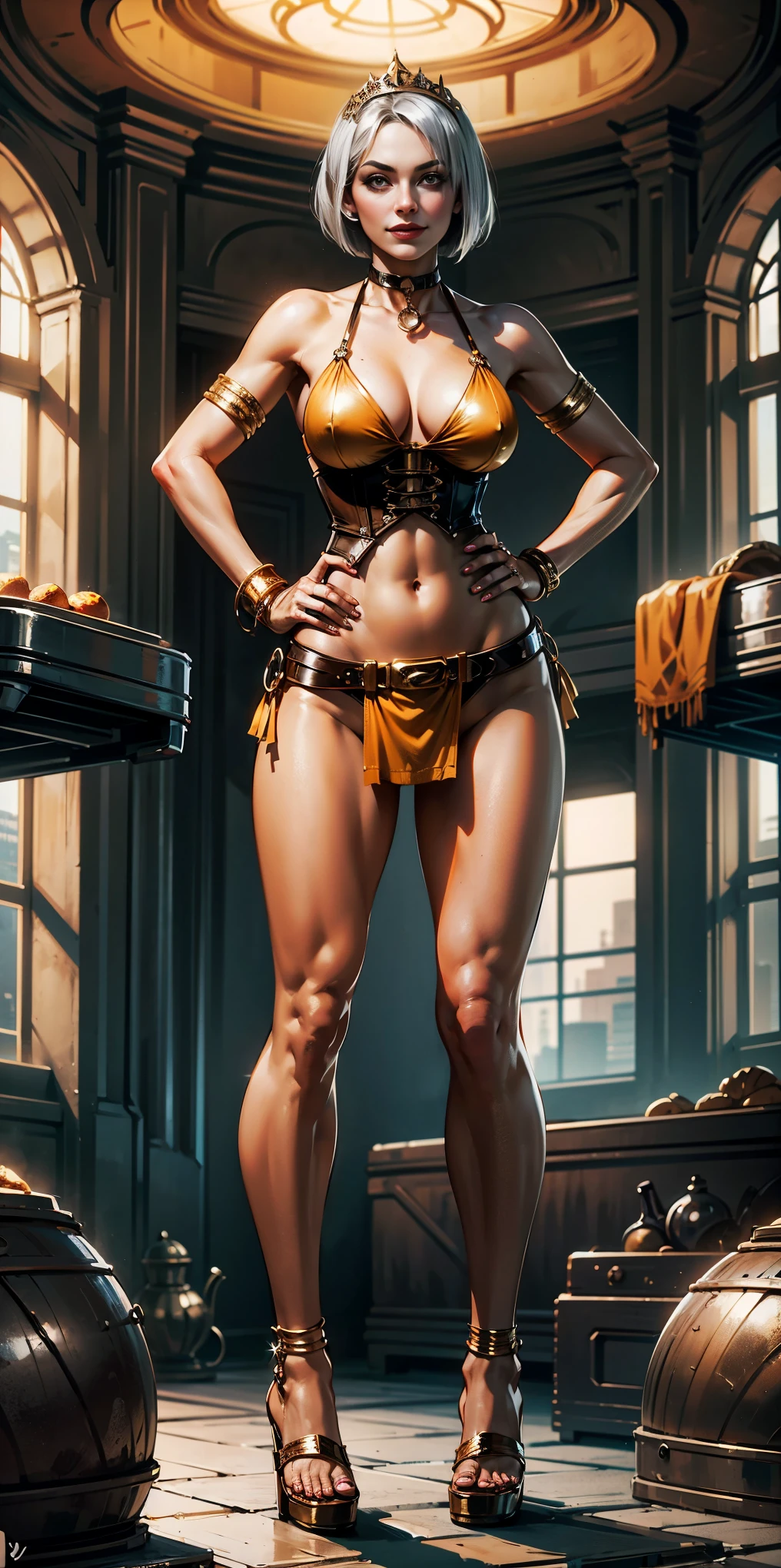 full body, whole body, solo, female, short white silver bob hair, big breast, yellow bikini, hands on hips, hands on waist, navel, lustful smirking smiling, smile red face, metal shoulders, gold sleeveless armbands, black leather choker collar, shackle bracelet, pauldrons, breastplate, leather corset, eye focus, loincloth standing, metal sandals, twin big belt, view from below, feet together, bracers, tiara