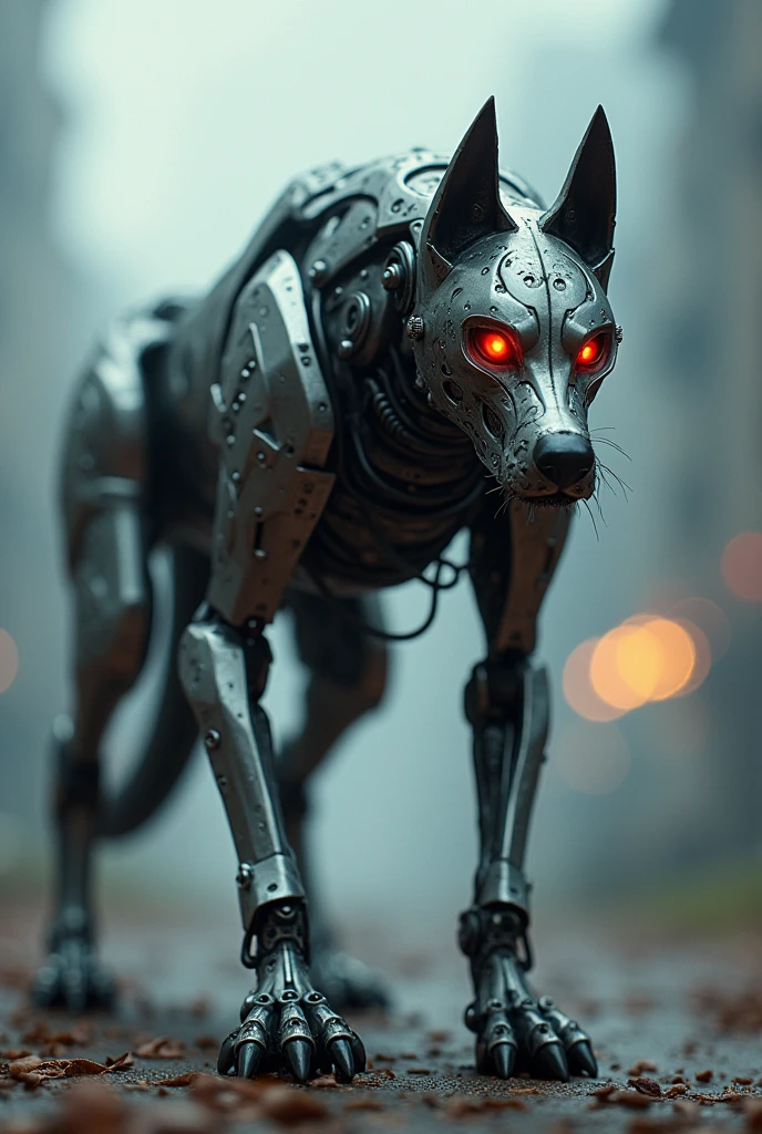 a dengerous dog made out of metal, (cyborg:1.1), ([tail | detailed wire]:1.3), (intricate details), hdr, (intricate details, hyperdetailed:1.2), cinematic shot, Vignette, centered 