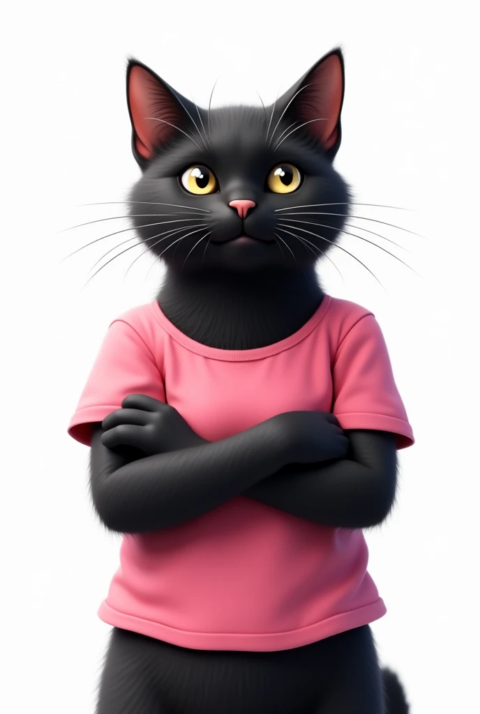 "A adult female black cat. Looking straight ahead wearing pink  t-shirt. Background white. Looks happy and crossing her arms. 