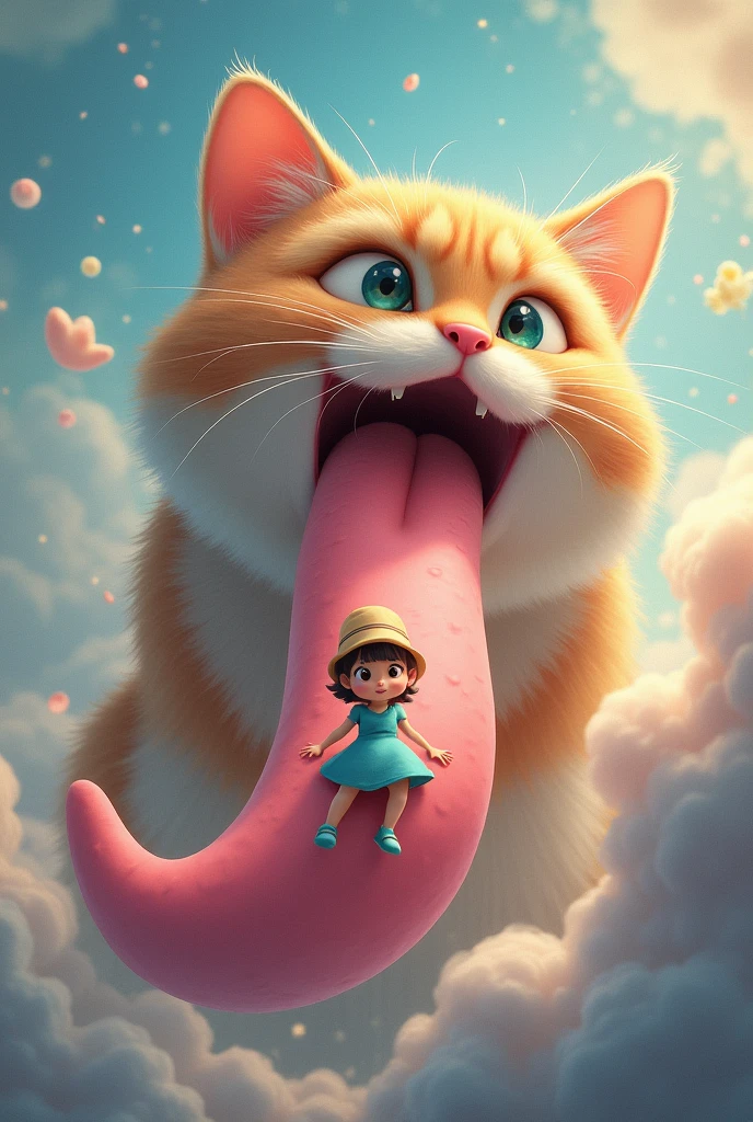 A cat giving a kid a ride on the top of his tongue