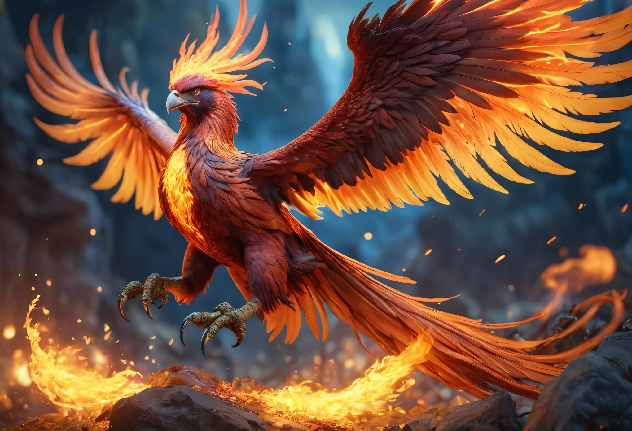 A magnificent phoenix, flaming feathers, exquisite long flaming tail feathers, phoenix breathing fire, orc war band, scrap armor, riding wargs, (best quality,4k,8k,highres,masterpiece:1.2),ultra-detailed,(realistic,photorealistic,photo-realistic:1.37),HDR,UHD,studio lighting,ultra-fine painting,sharp focus,physically-based rendering,extreme detail description,professional,vivid colors,bokeh,fantasy,epic,dramatic lighting,cinematic